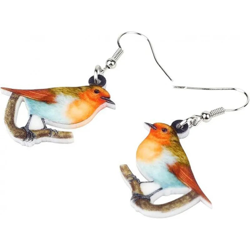 Acrylic geometric earrings with blue titmouse pendant design and snake element accents