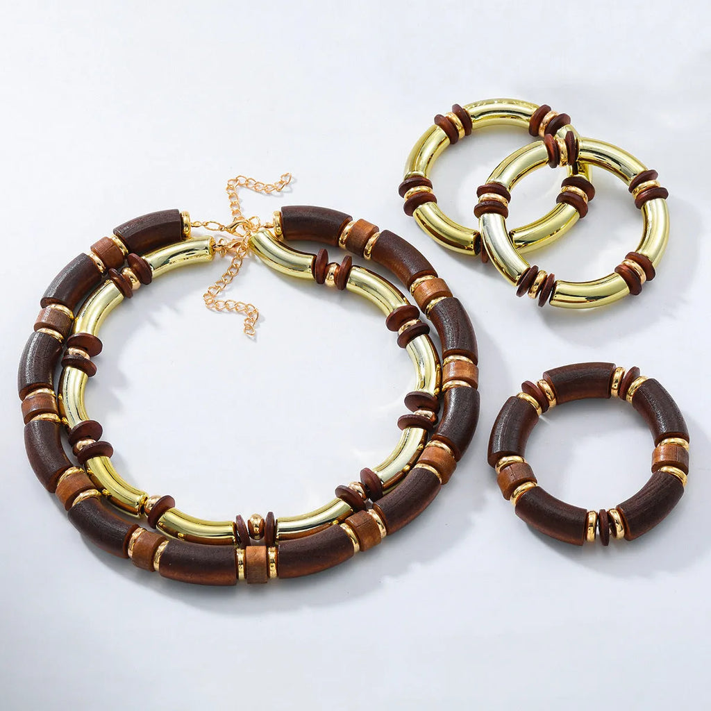 European exaggerated multi-layer wooden necklace and bracelet set with alloy pendants for women