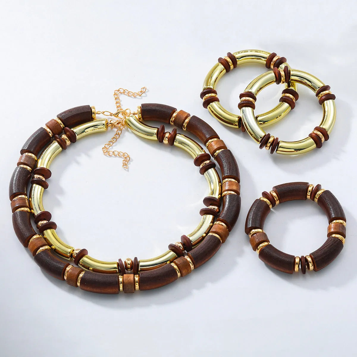 European exaggerated multi-layer wooden necklace and bracelet set with alloy pendants for women