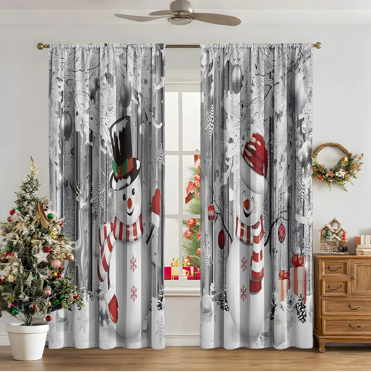 3D digital printed Christmas curtain in a European style, showing modern simplicity design and polyester fabric