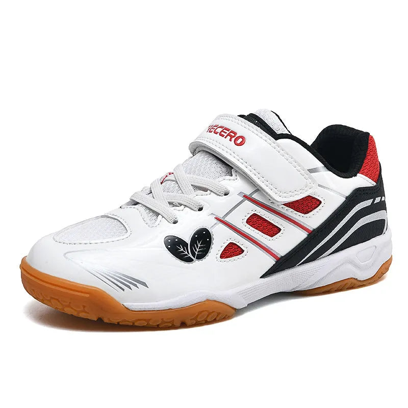 Breathable and non-slip badminton shoes in white and blue with ribbed outsole, low-top design, and hand-painted details.
