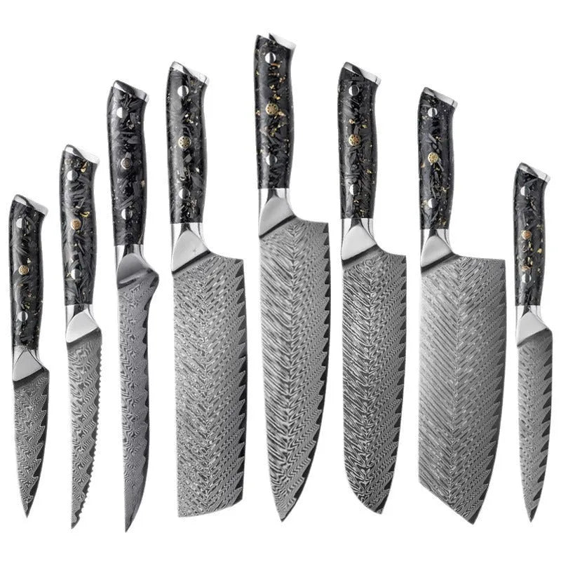 67-layer Damascus steel kitchen knife set with fishbone pattern, showing 8 knives including fruit, steak, and boning knives