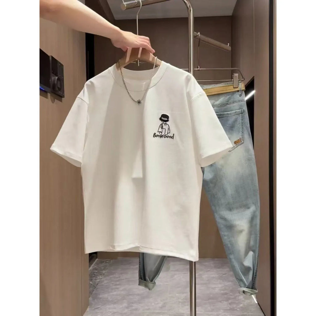 Men's white cartoon print cotton T-shirt with short sleeves and slim fit