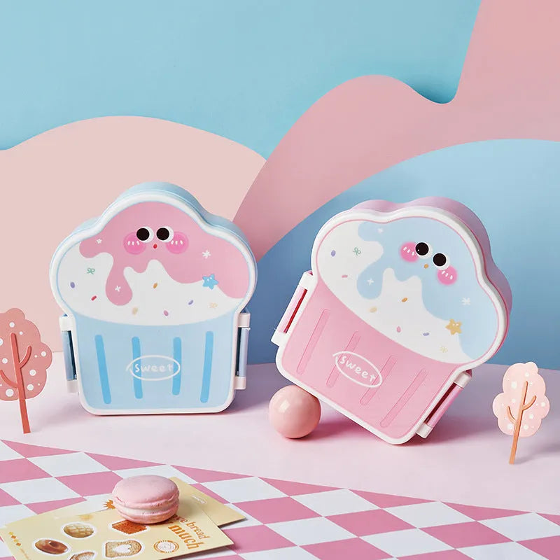 Creative ice cream shaped lunch box with spoon and fork, 501-800ml capacity, microwave safe plastic