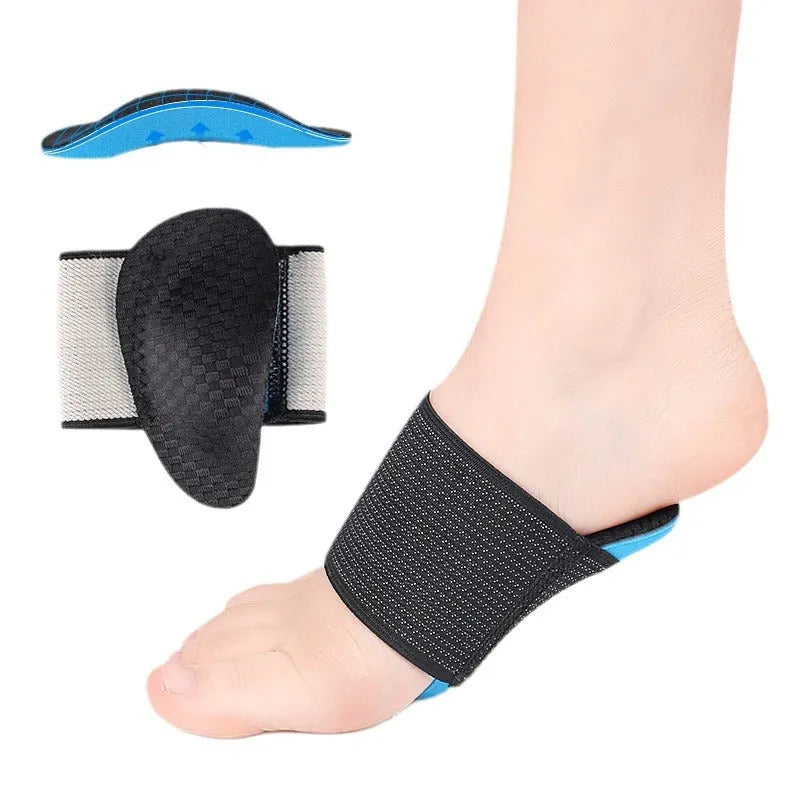 Blue elastic bandage foot pads with arch support for men and women, made from EVA, nylon, polyester-latex, and silk materials