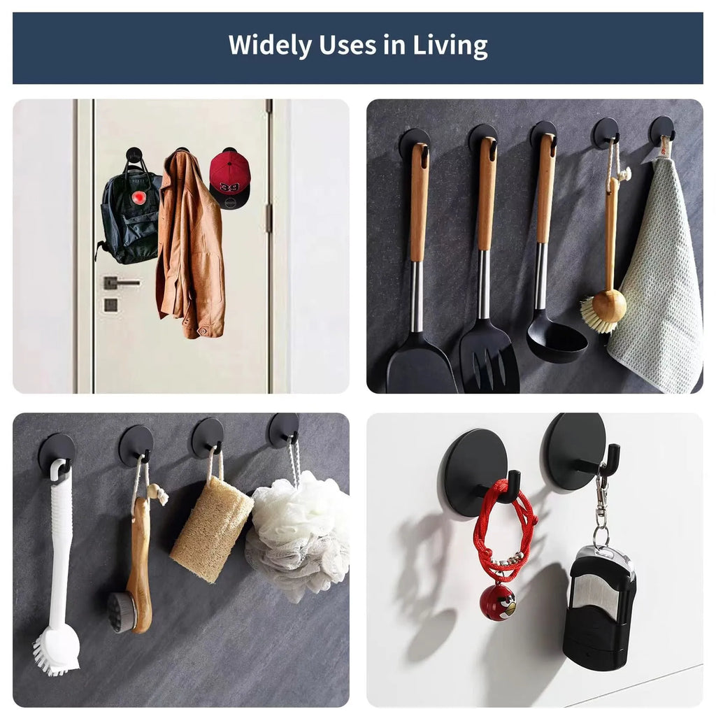 Black and polished stainless steel self-adhesive hooks for bathroom and kitchen organisation with 3kg load capacity