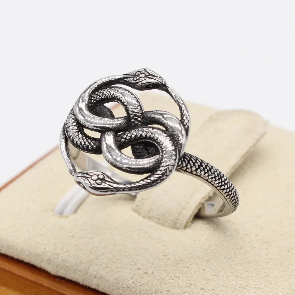 Titanium steel double snake ring with retro design in steel colour, showing detailed scale patterns and matte cold wind finish