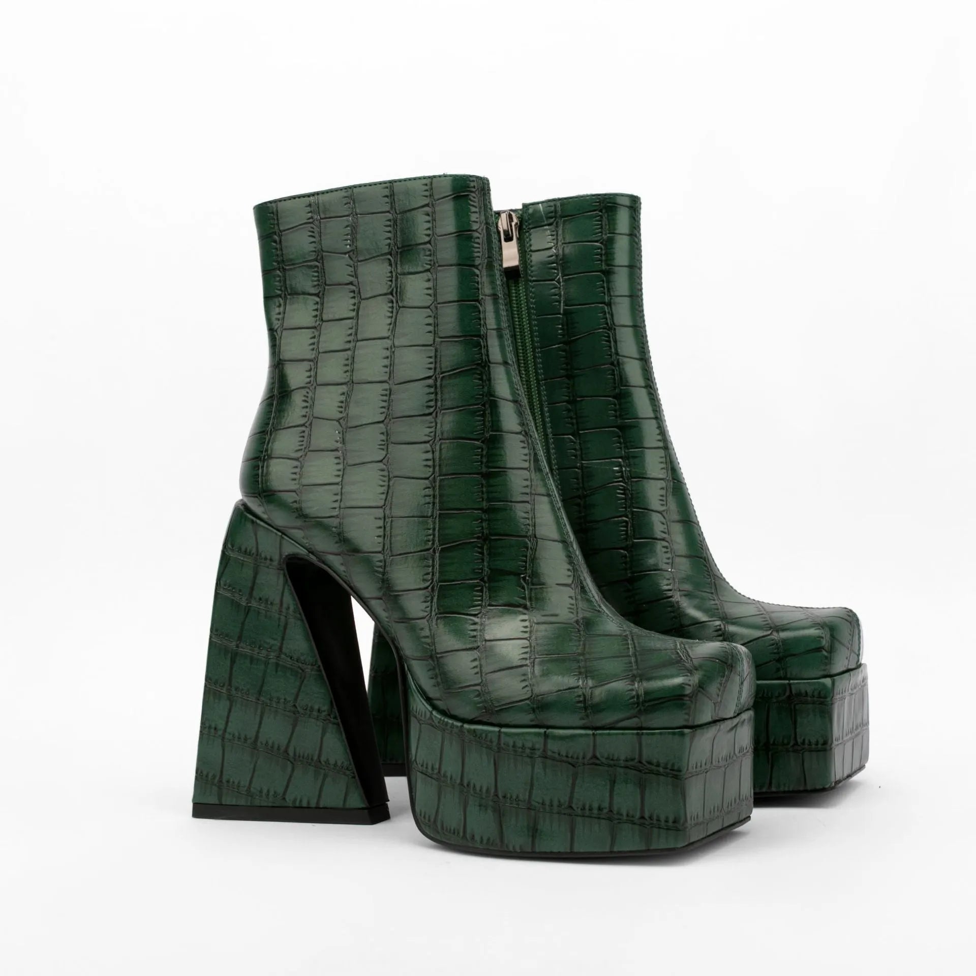 Women's ankle boots with 8cm+ heels in red, green, black, beige, or brown colours, artificial PU material