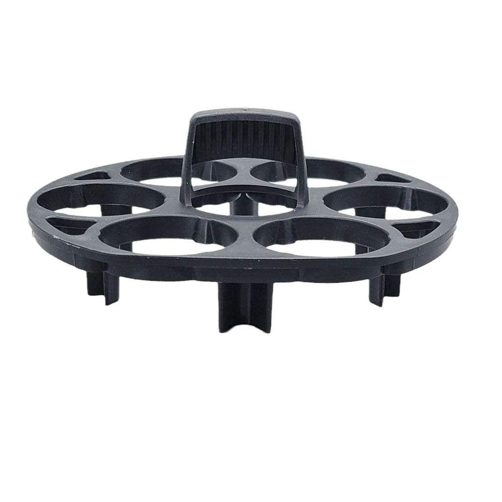Black plastic egg holder measuring 13.8×12.6×5.7cm with retainer compartments for secure egg storage