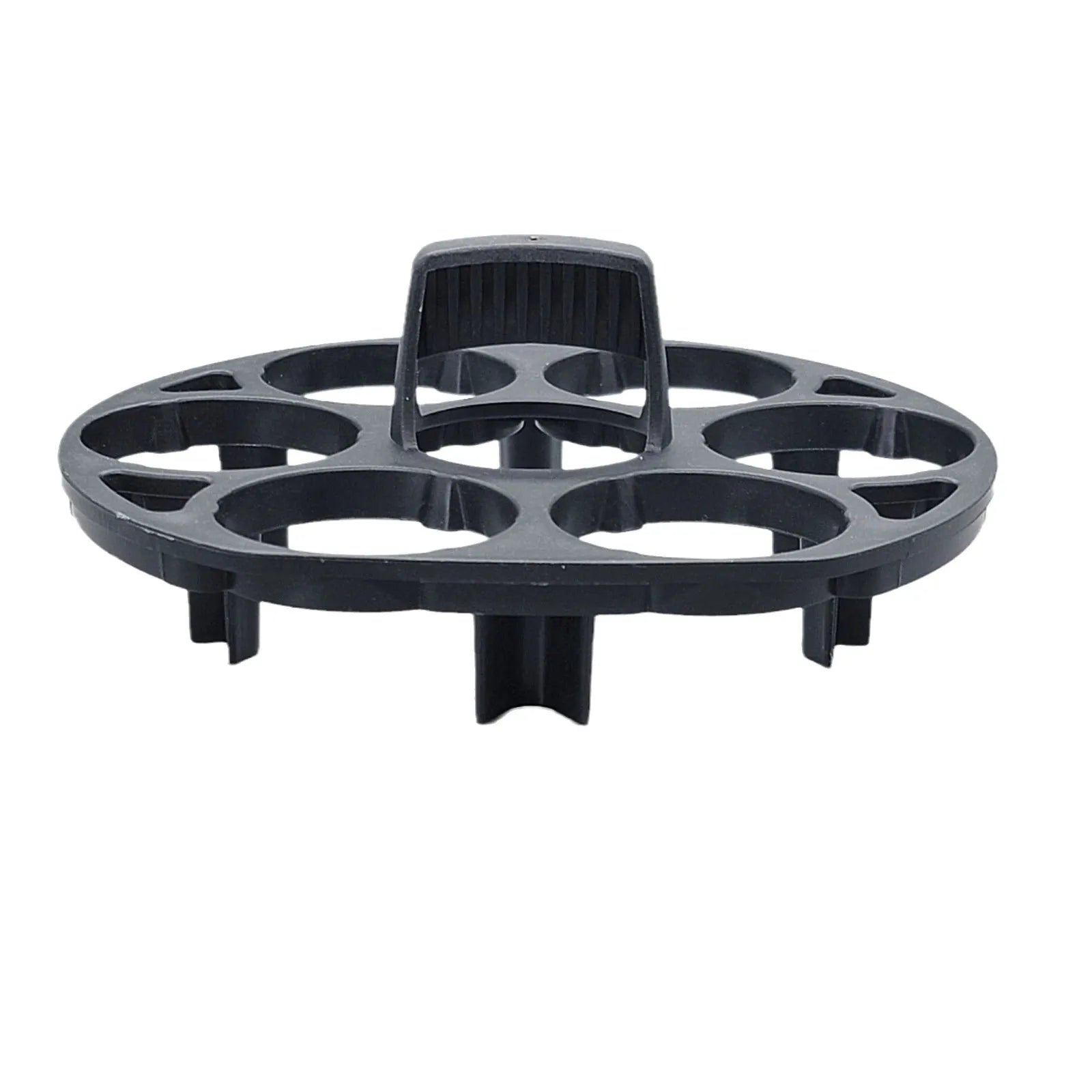 Black plastic egg holder measuring 13.8×12.6×5.7cm with retainer compartments for secure egg storage