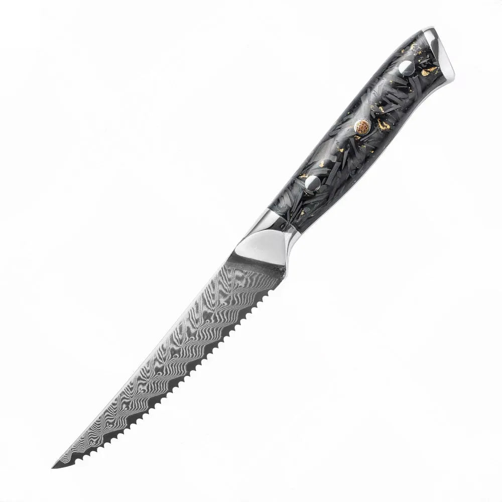 67-layer Damascus steel kitchen knife set with fishbone pattern, showing 8 knives including fruit, steak, and boning knives