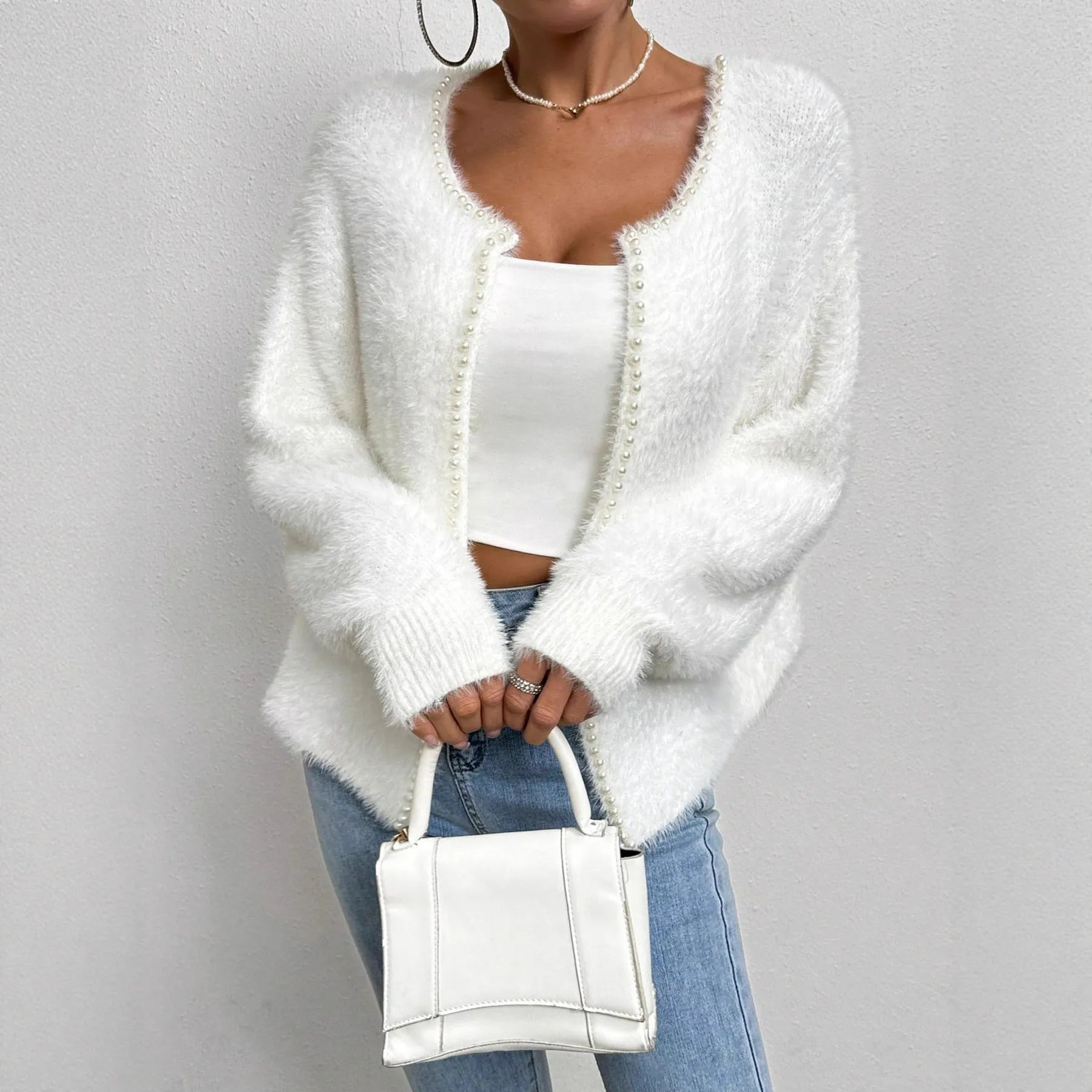 White women's V-neck cardigan with bead knit detailing, 50cm length, medium thickness polyester fabric
