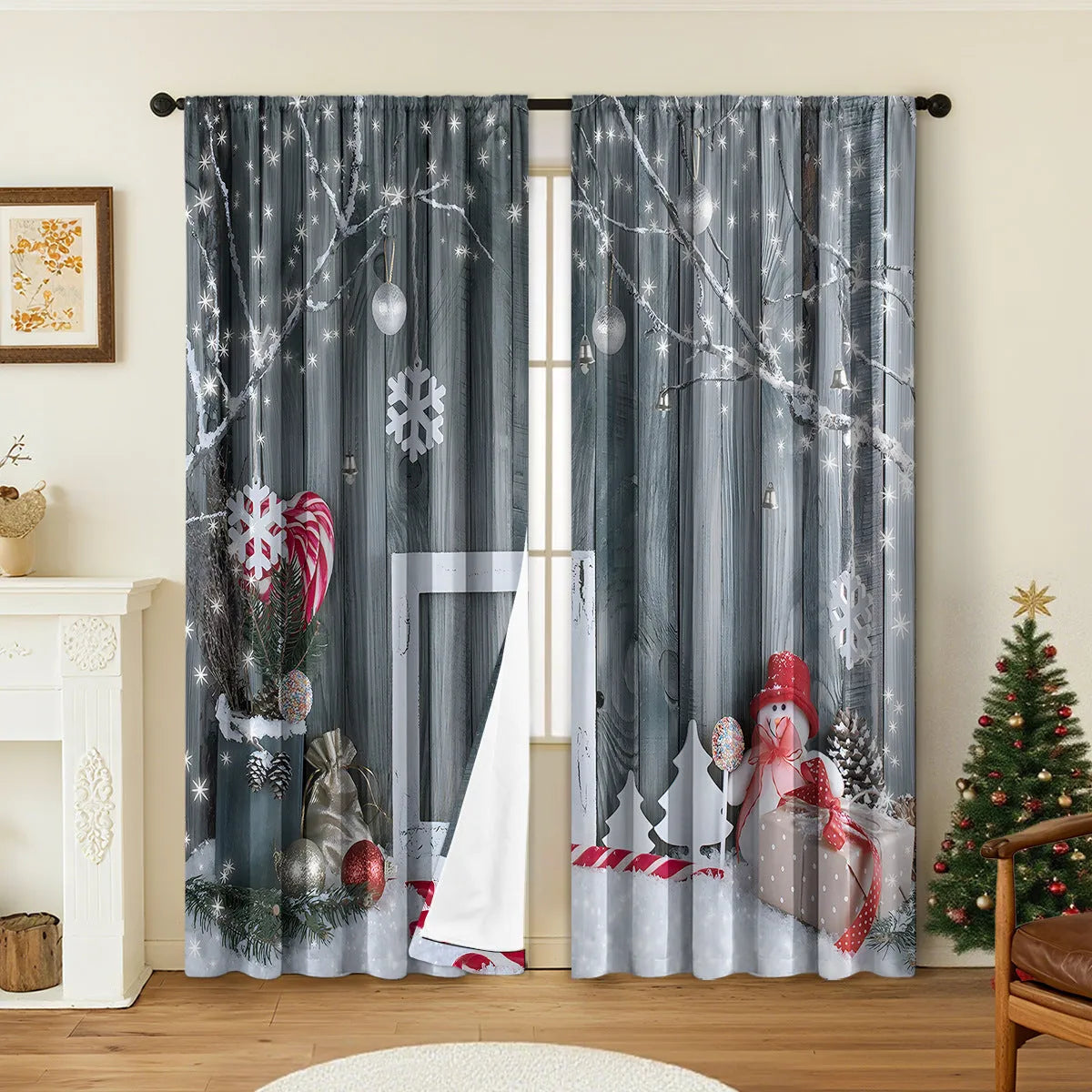 3D digitally printed Christmas curtains pair showing textured festive pattern on polyester fabric