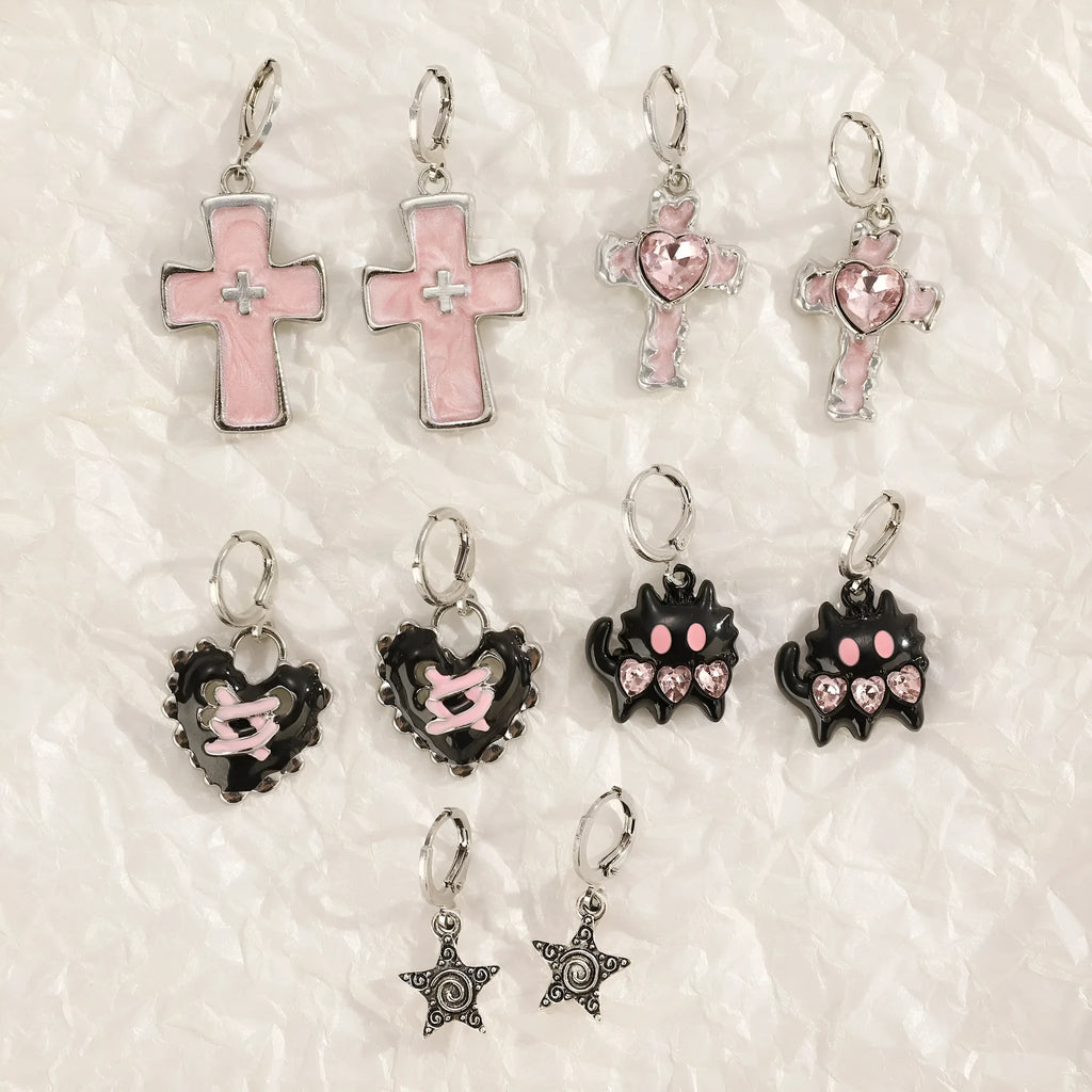 Women's alloy earrings with dripping oil treatment in five colour options showing cross and heart designs