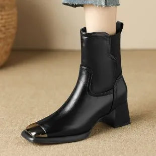 Brown cowhide Martin ankle boots with side zipper and decorative metal rivet details