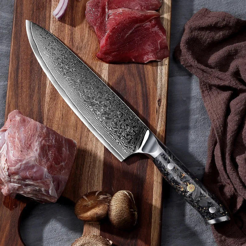 67-layer Damascus steel kitchen knife set with fishbone pattern, showing 8 knives including fruit, steak, and boning knives