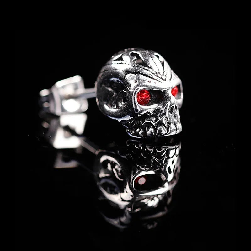 Retro skull stud earrings with red eye ghost design, alloy construction with electroplated finish, measuring 1.5 cm in height