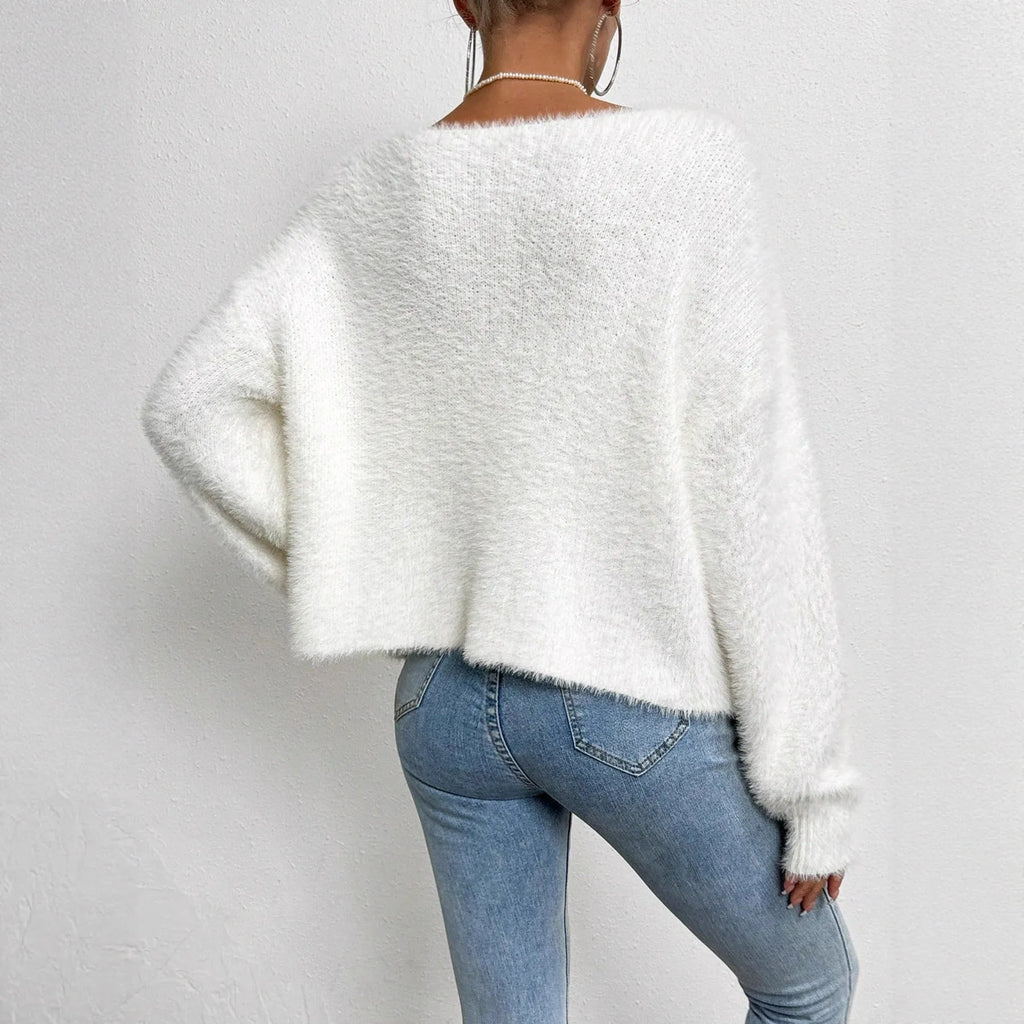 White women's V-neck cardigan with bead knit detailing, 50cm length, medium thickness polyester fabric