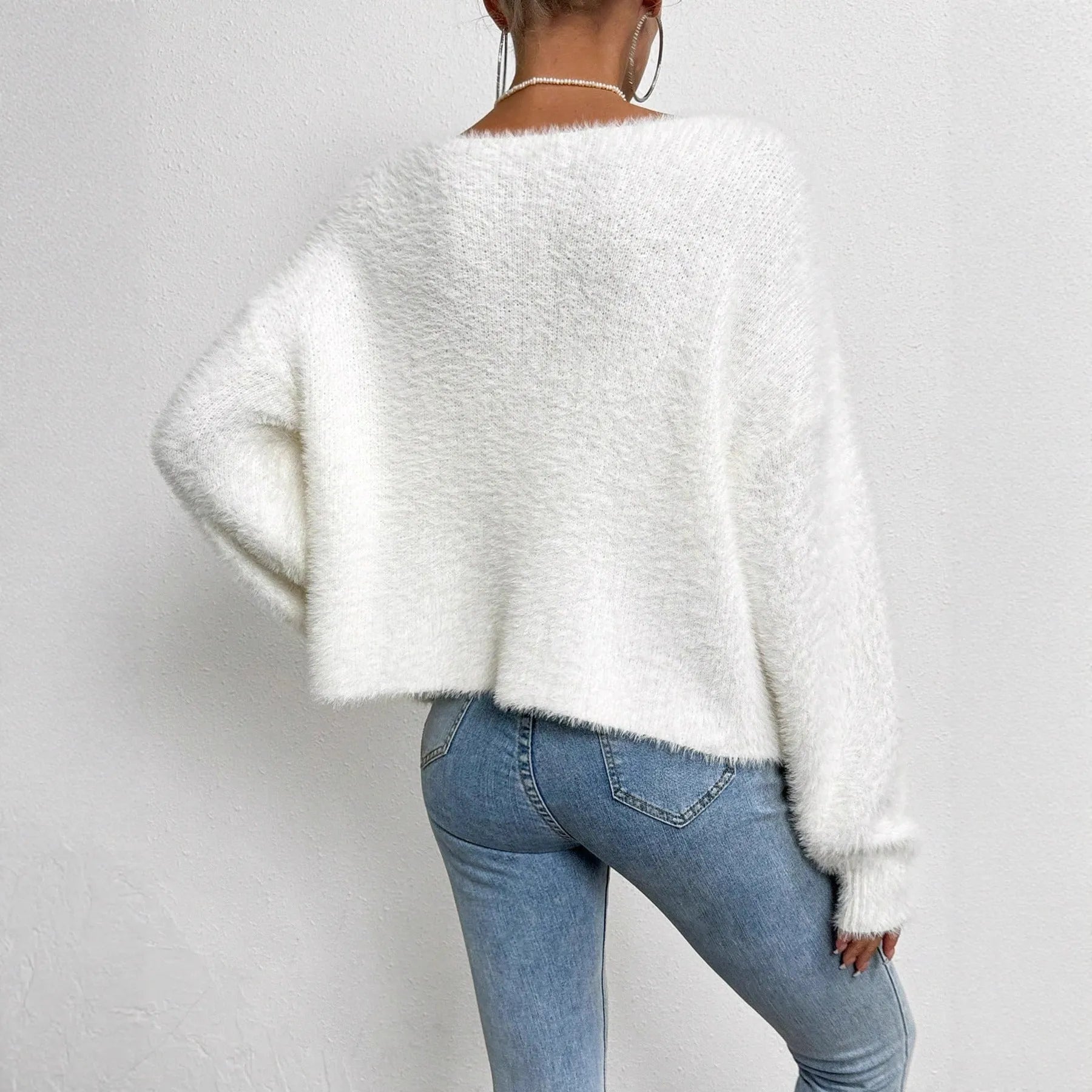 White women's V-neck cardigan with bead knit detailing, 50cm length, medium thickness polyester fabric