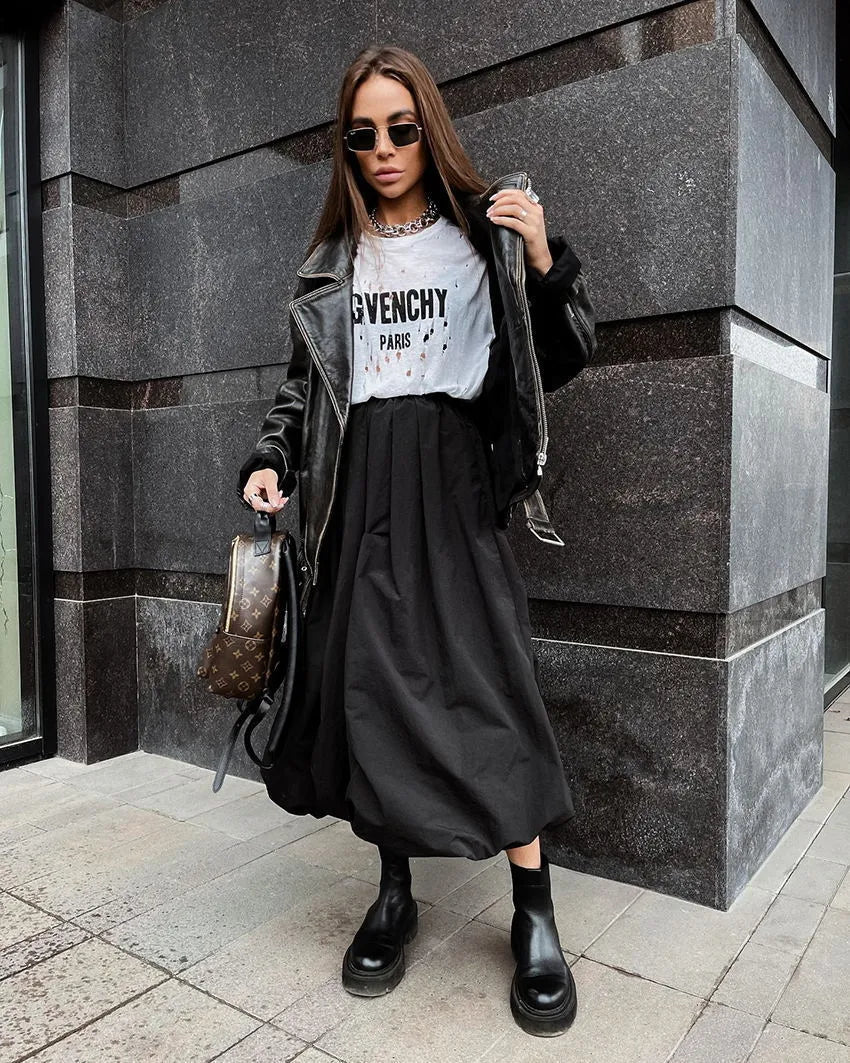 Women's solid colour long cotton skirt in white or black, casual girlish style.