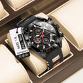 Men's chronograph watch with diamond-shaped dial on a silicone strap, showing rose gold case option.