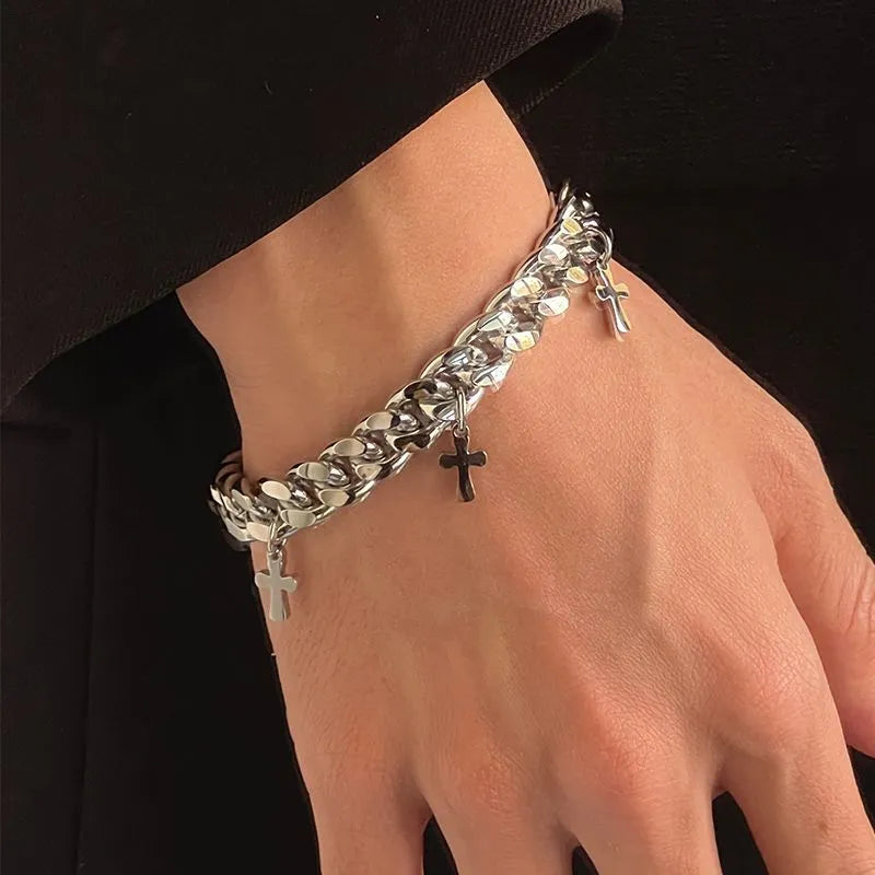 Men's geometric cross bracelet in titanium steel with adjustable sizing