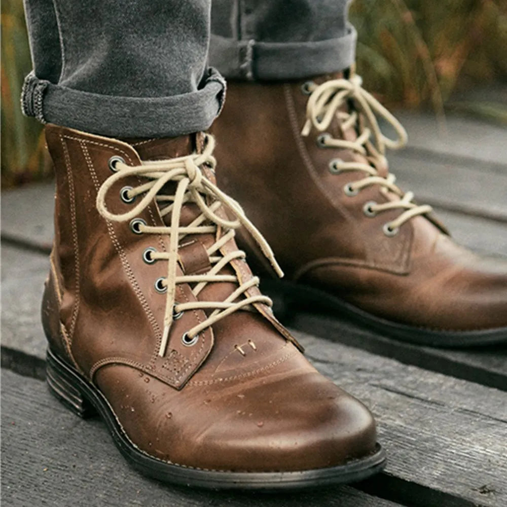 Knight Series black and brown two-tone leather boots with side zipper and low heel