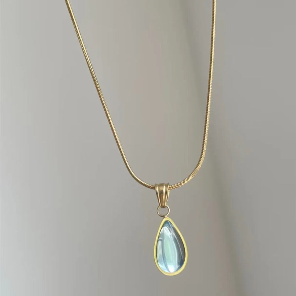 Retro water drop necklace with titanium steel snake bones chain and mixed gem inlaid pendant in blue and green colour options