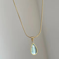 Retro water drop necklace with titanium steel snake bones chain and mixed gem inlaid pendant in blue and green colour options