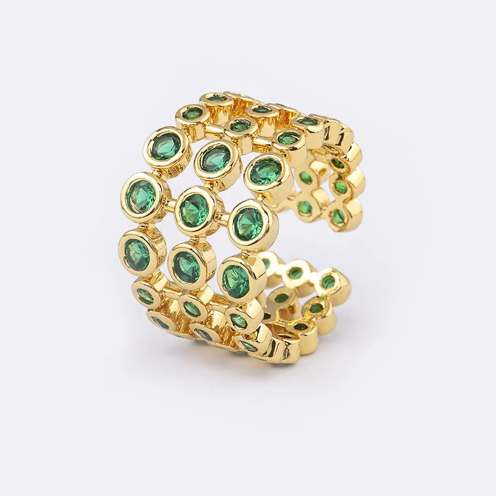 Copper 18K gold-plated wide ring with green zircon embellishments on 2.5 cm band