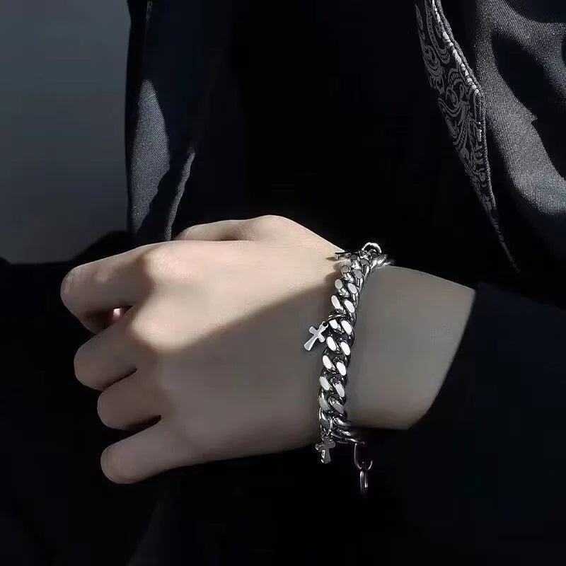 Men's geometric cross bracelet in titanium steel with adjustable sizing