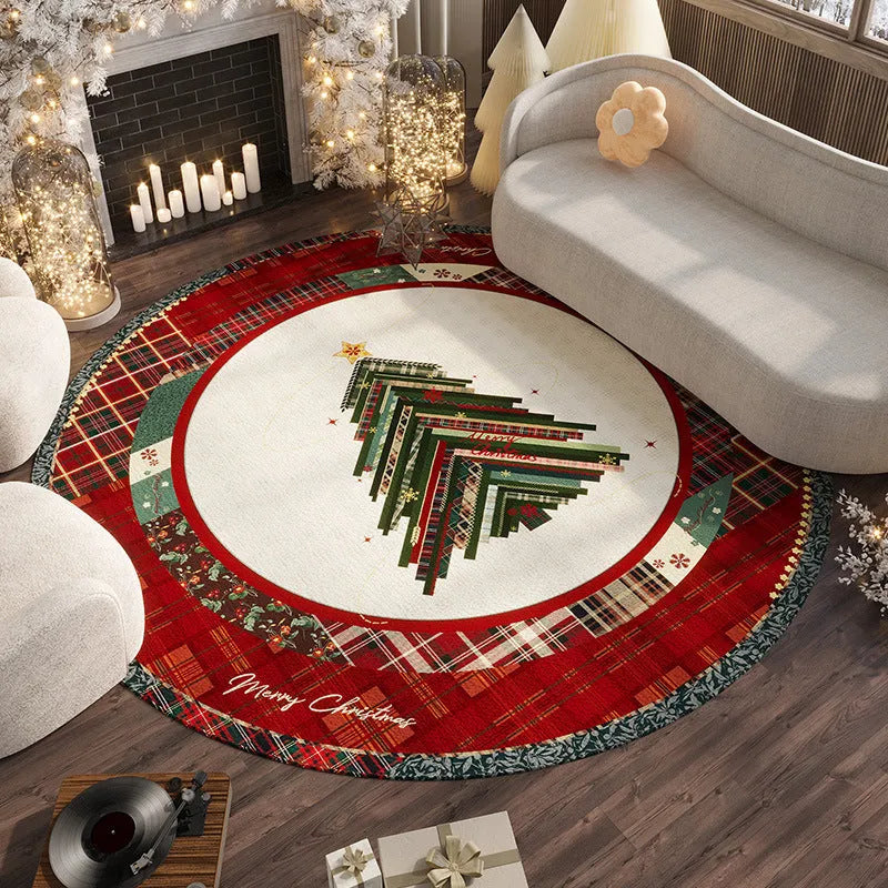 Round Christmas carpet with festive pattern and non-slip backing on wooden floor