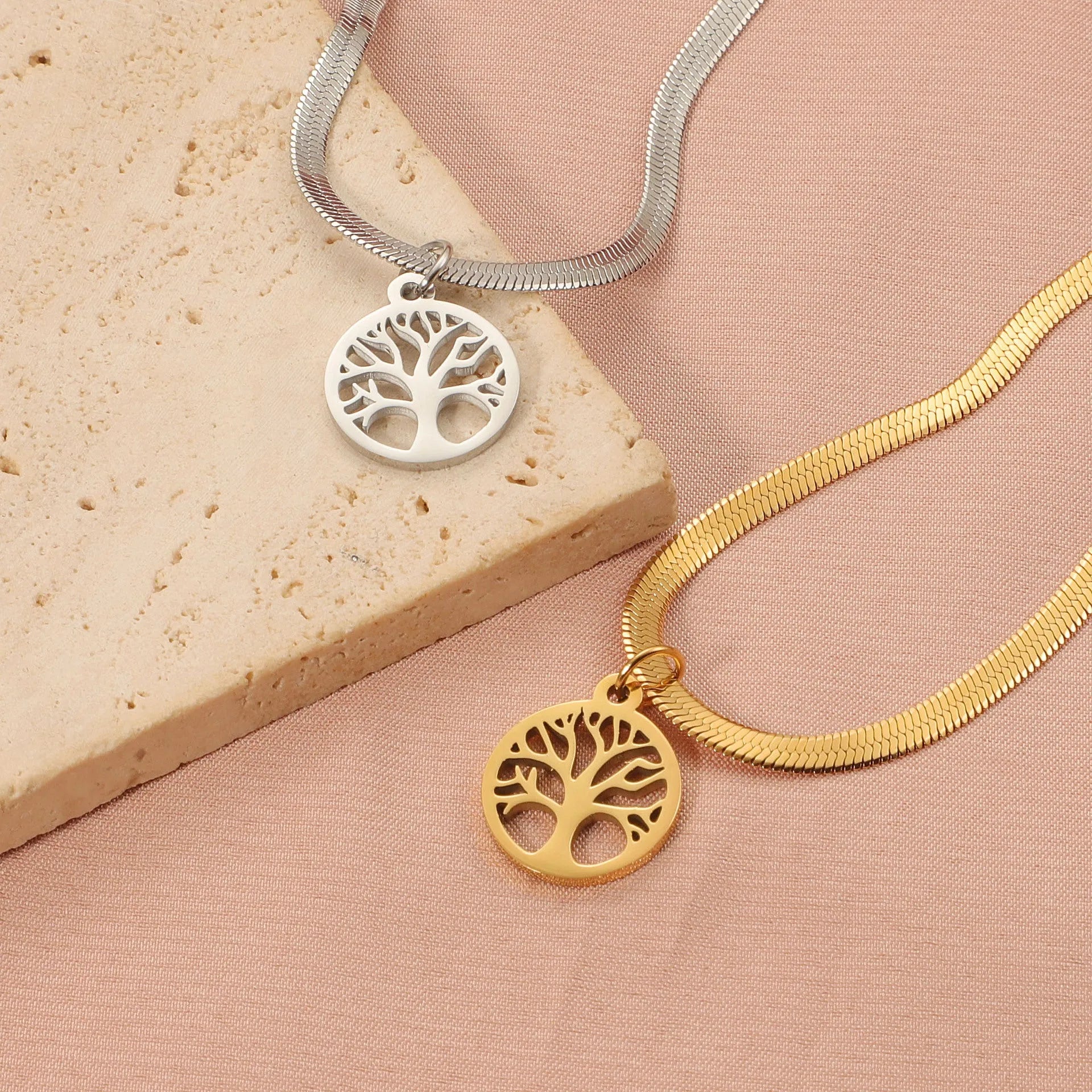 Stainless steel lucky tree necklace with adjustable snake bone chain and U-shaped titanium steel pendant