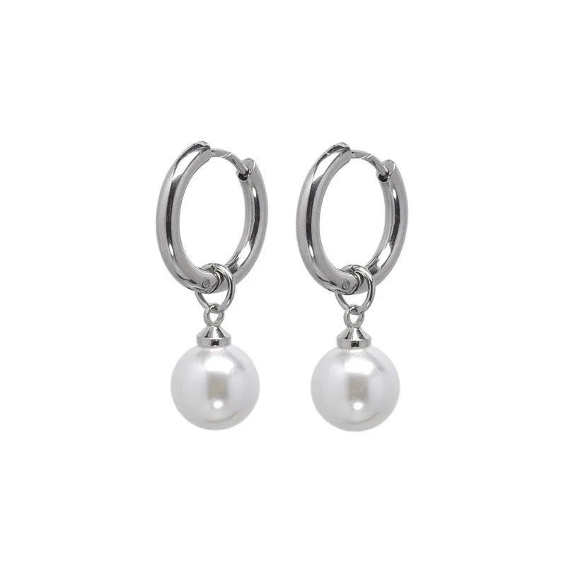 Geometric women's pearl earrings with titanium steel posts and round accents