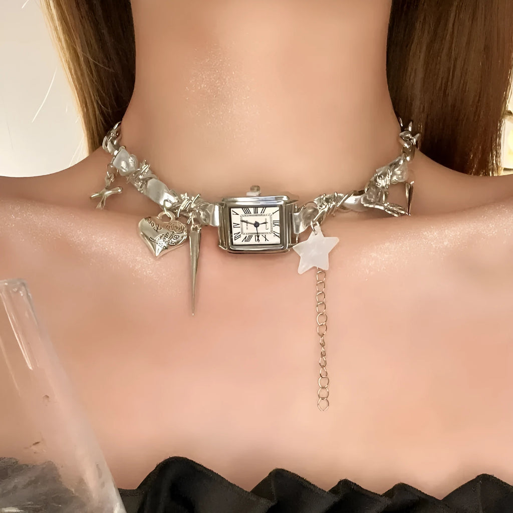 Dark multi-layer women's necklace with cross pendant and large hemp flower chain, adjustable length.