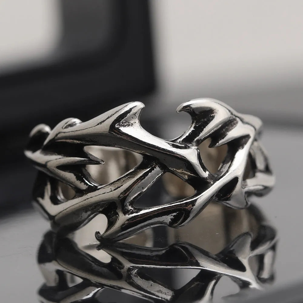 Thorn Flower Ring in J2150 thorns colour with geometric design and adjustable opening, made from copper for unisex fashion.