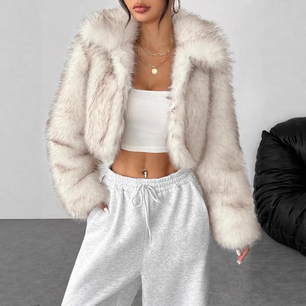Women's artificial fur coat with thick fabric and fur collar in various colour combinations