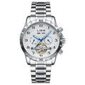 Men's silver automatic perpetual calendar watch with stainless steel strap and sapphire crystal face