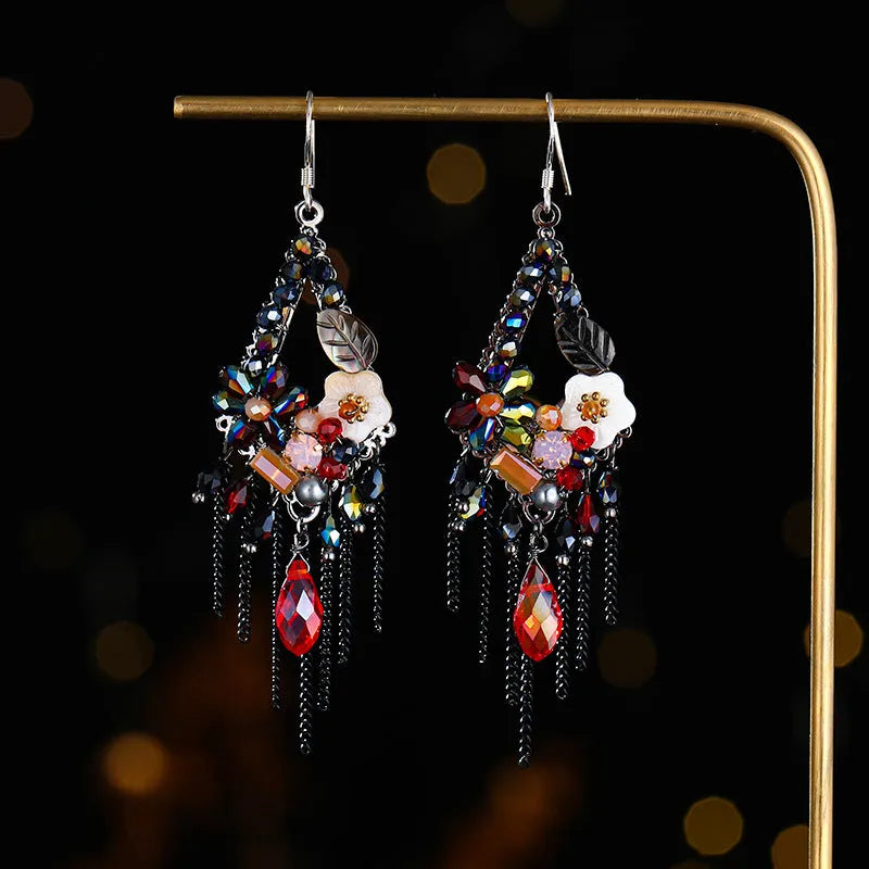 Bohemian style long exaggerated earrings with hand-woven artificial crystal in three colour options