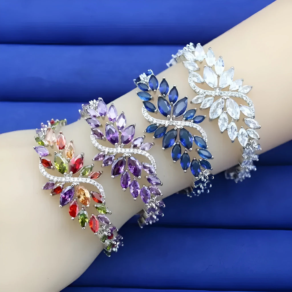 Gold electroplated copper bracelet with micro inlaid colour zircons and ice flowers pattern