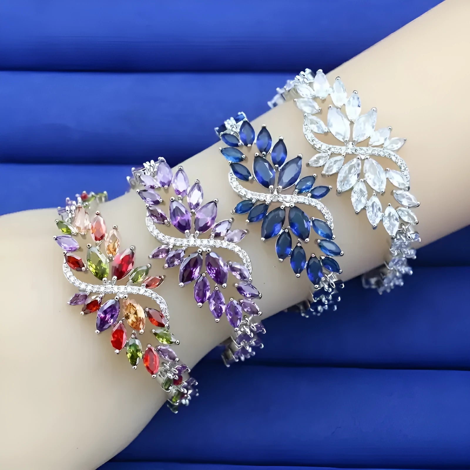Gold electroplated copper bracelet with micro inlaid colour zircons and ice flowers pattern