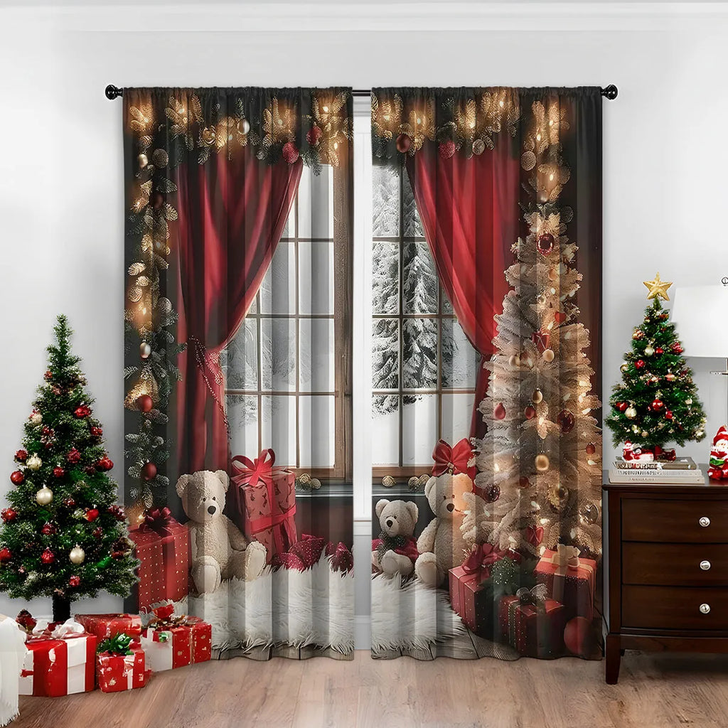 3D digitally printed Christmas curtains pair showing textured festive pattern on polyester fabric