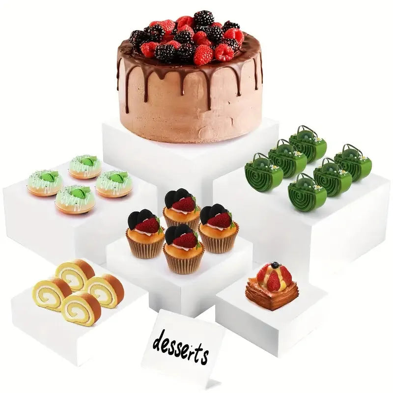 White modular cube dessert display stand with 6 pieces arranged in tiered configuration