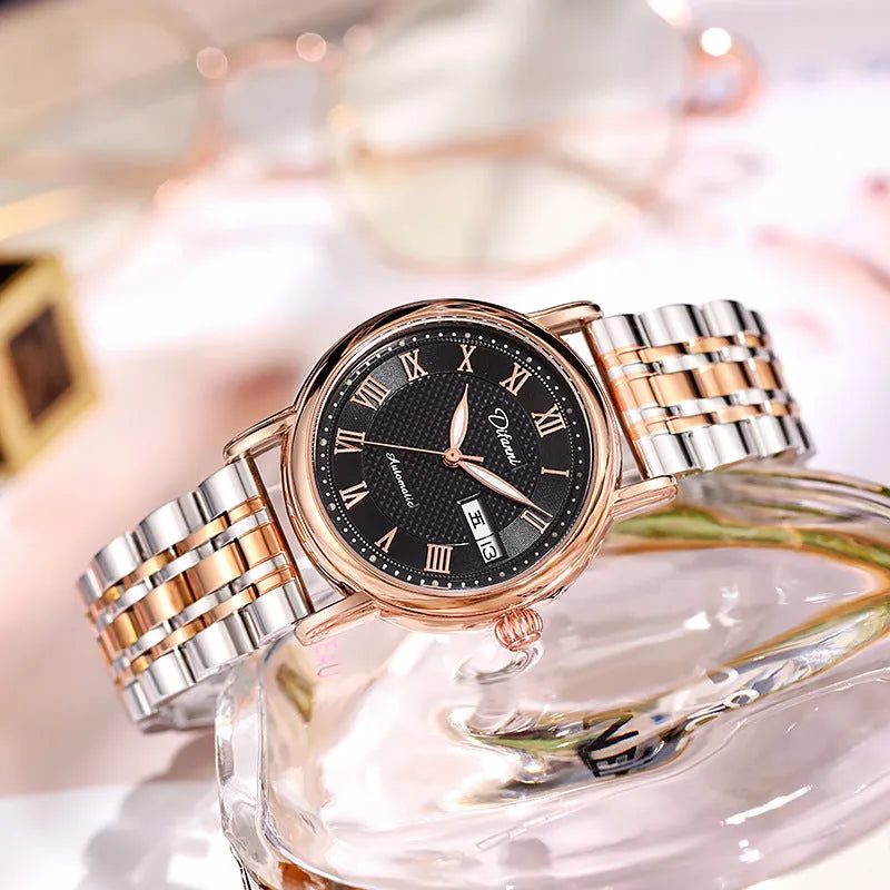 Women's automatic mechanical watch with 12mm thickness showing steel belt and leather strap colour options