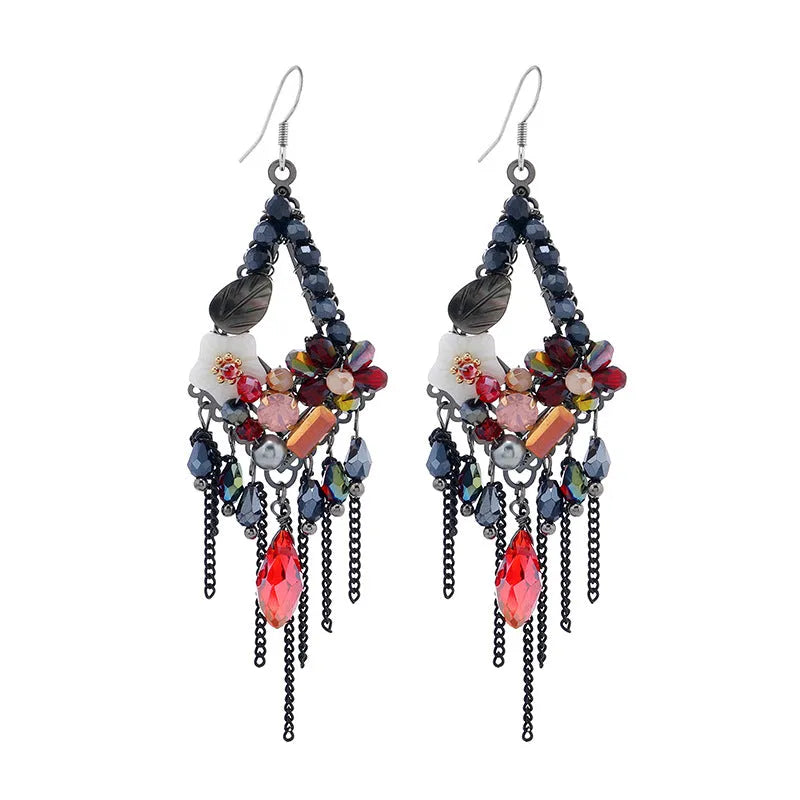 Bohemian style long exaggerated earrings with hand-woven artificial crystal in three colour options