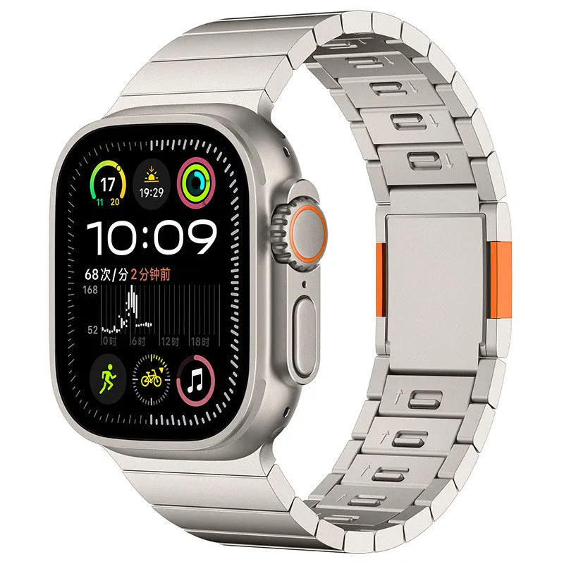 Fashion magnetic buckle steel watch strap in stainless steel, showing adjustable closure and business style for Apple Watches
