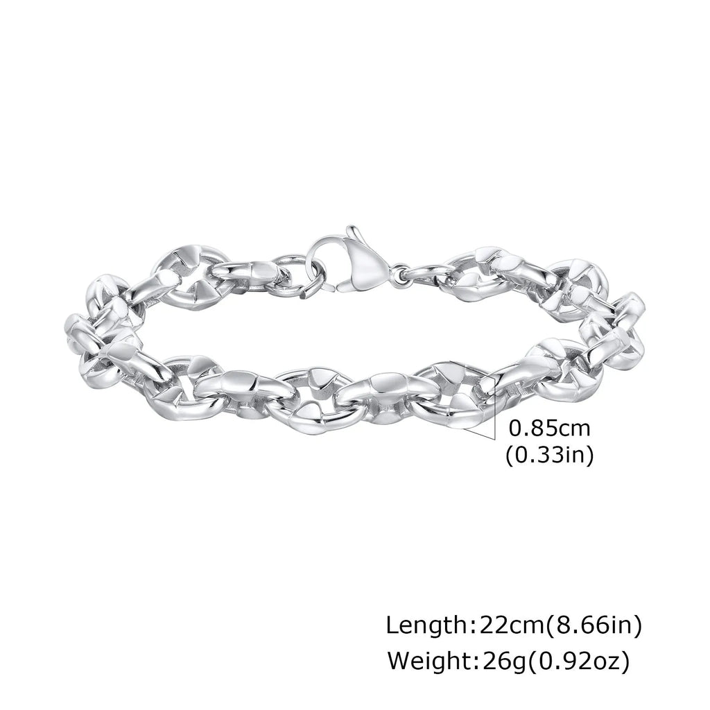 Stainless steel geometric chain bracelet with 6mm thick links and adjustable clasp on wrist