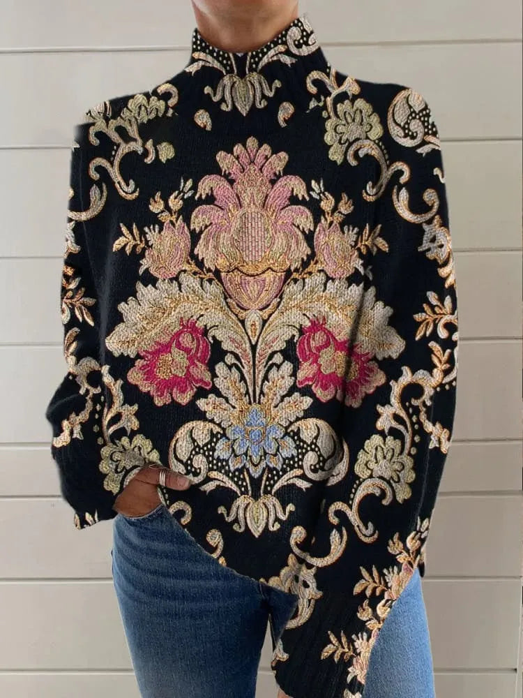 Black line 3D pattern printed turtleneck long sleeve sweater with loose fit and medium thickness on a hanger