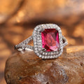 Copper rhinestone square princess ring in F827 red colour, showing geometric design and UK sizes 6-10.