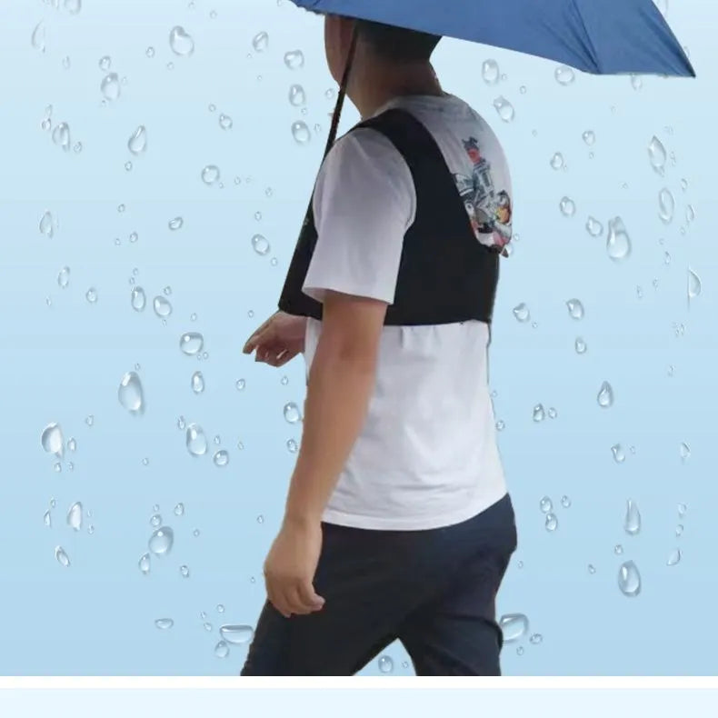 Black portable umbrella holder with shoulder strap, adjustable for 45-95kg users, holding a 10-bone manual umbrella.